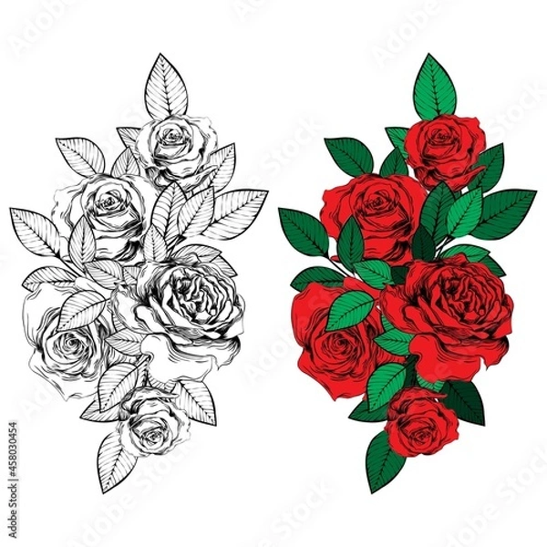 Fototapeta Vintage roses. Set of gothic tattoos. Collection of graphic and color isolated vector illustrations.