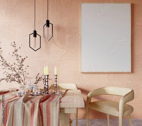 Obraz 3d rendering,3d illustration, Interior Scene and  Mockup,Wooden furniture and light orange wall decorations.