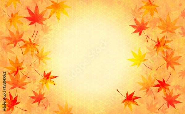 Obraz 秋の紅葉、すかしの和柄、和風で柔らかいオレンジ色の背景