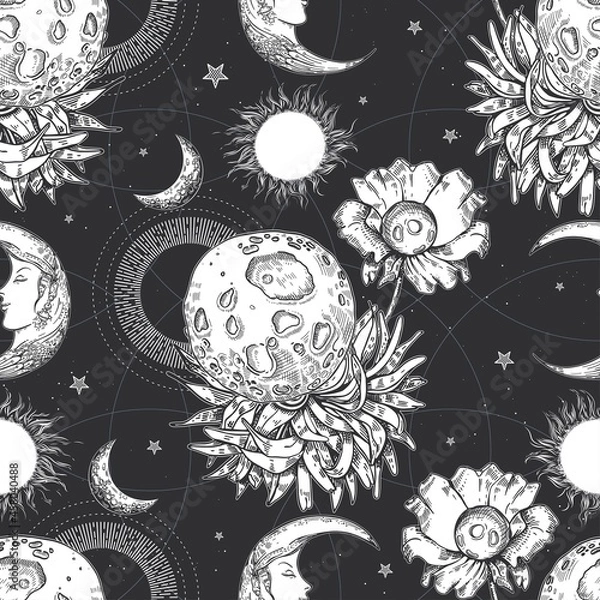 Fototapeta Planets, flower and sun. Space illustration. Surrealism.