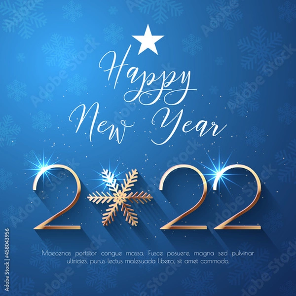 Fototapeta Happy New Year 2022 text design. Vector greeting illustration with golden numbers and snowflake
