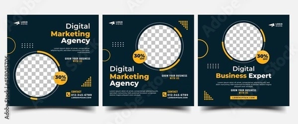 Fototapeta Set of Social media post template for business promotion. Dark background color with circular frame photo. Usable for social media post, banner, and website.