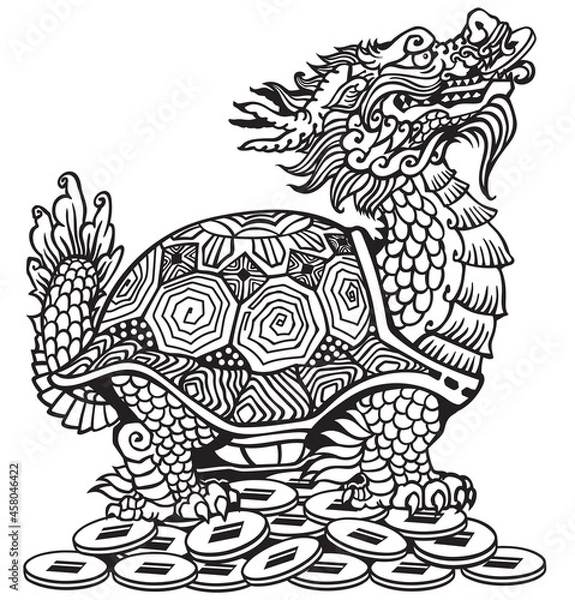 Fototapeta Dragon Turtle Tortoise sitting on a lot of coins. Mythological Chinese creature. Celestial Feng Shui animal. Side view. Black and white isolated vector illustration