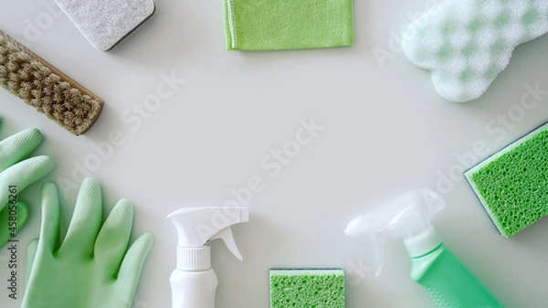 Fototapeta Green protective rubber gloves, rag, brush and sprayer with chemical detergent on white background. Housework and professional eco cleaning service supplies with copyspace.
