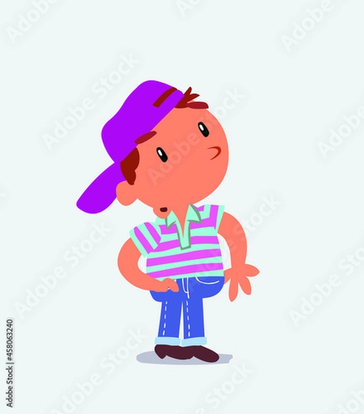 Obraz cartoon character of little boy on jeans looks with doubt and somewhat surprised.