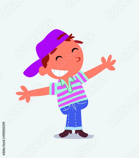 Obraz cartoon character of little boy on jeans opening arms very happy.