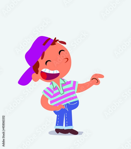 Obraz cartoon character of little boy on jeans points to his side while laughing.
