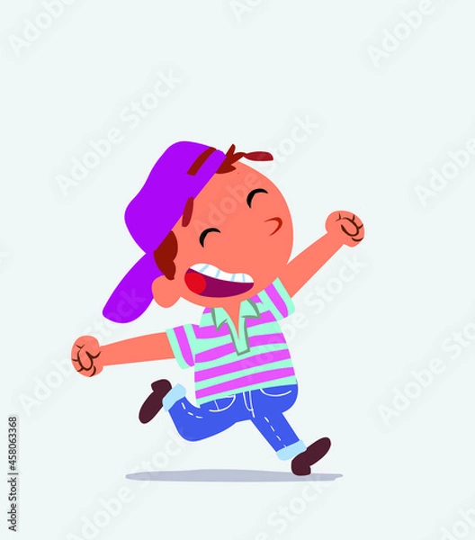 Obraz cartoon character of little boy on jeans running very euphoric.