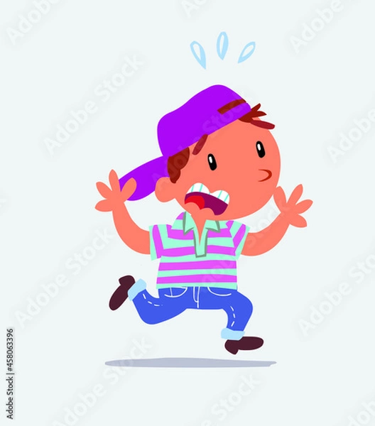 Obraz cartoon character of little boy on jeans runs away in terror.