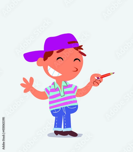 Obraz cartoon character of little boy on jeans says something funny while pointing to the side with a pencil.
