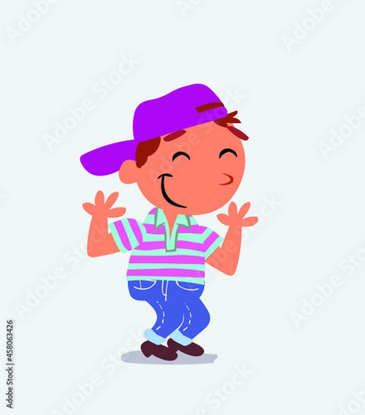 Obraz cartoon character of little boy on jeans shrinks somewhat shy.