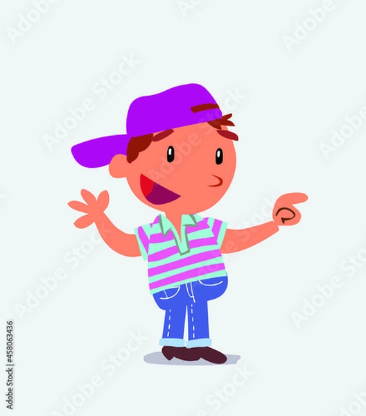 Fototapeta cartoon character of little boy on jeans smiling while pointing.