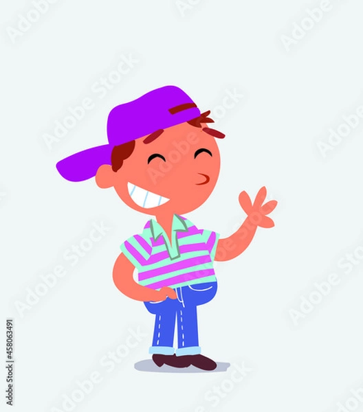 Obraz cartoon character of little boy on jeans waving informally while laughing.