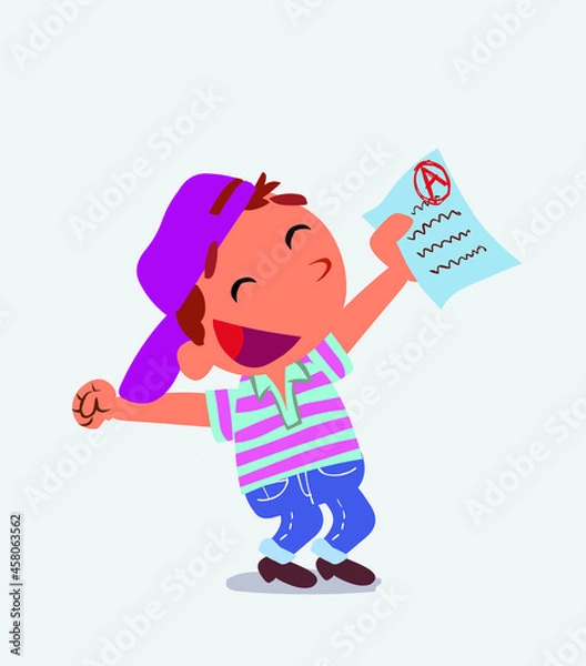Fototapeta euphoric cartoon character of little boy on jeans raises his arms with exam in hand.