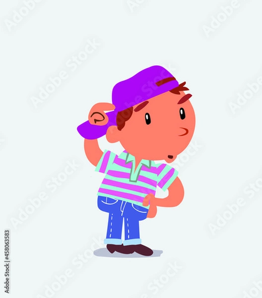 Obraz funny cartoon character of little boy on jeans doubting.