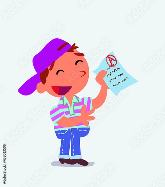 Obraz happy cartoon character of little boy on jeans explaining something with exam in hand.