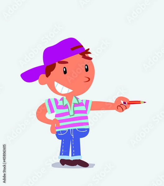 Obraz happy cartoon character of little boy on jeans points with pencil to the side.
