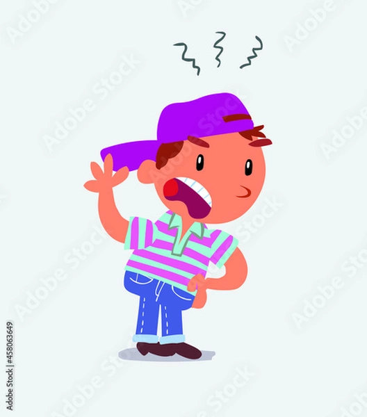 Obraz Indigned cartoon character of little boy on jeans vehemently shakes his hand.