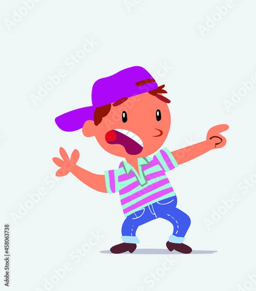 Fototapeta Scared cartoon character of little boy on jeans points to the side.
