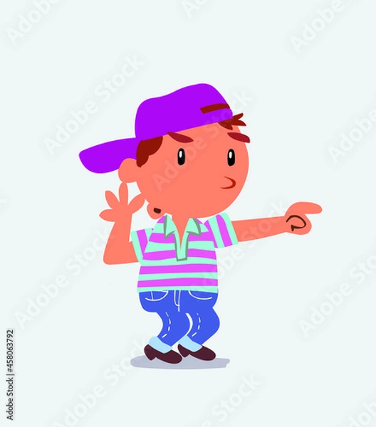 Obraz Surprised cartoon character of little boy on jeans points to something.