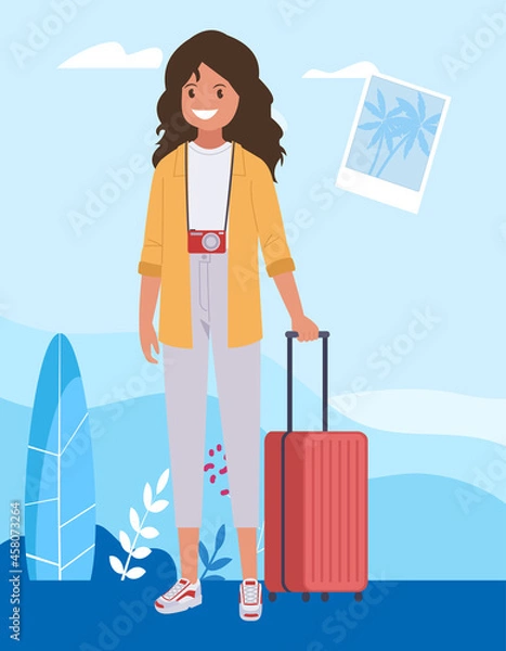 Obraz A woman on a trip to a tropical island with palm trees. Vector illustration.