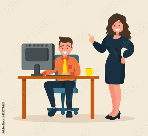 Obraz A working woman at a computer, next to which there is another employee. Vector illustration.