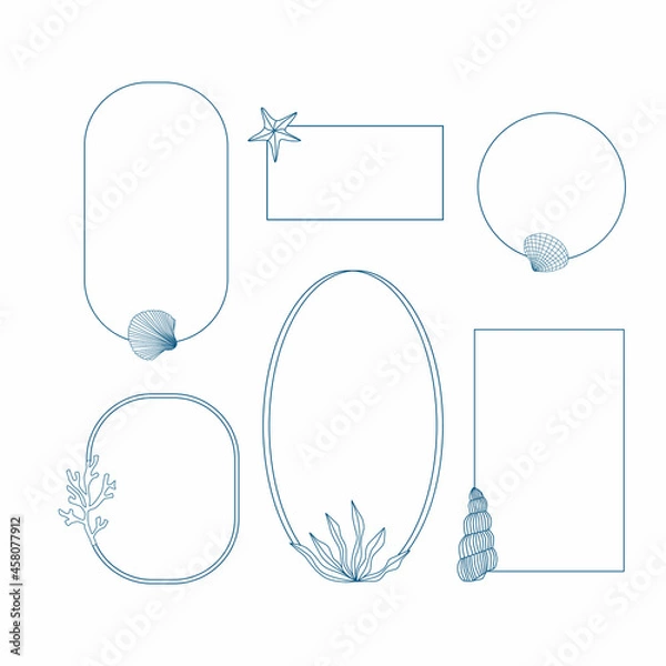 Fototapeta Set of vector sea vintage frames. Borders with shell, starfish, coral, seaweed. Line illustration.