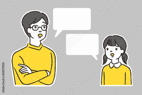 Obraz 困った顔で会話する父親と娘のイラスト