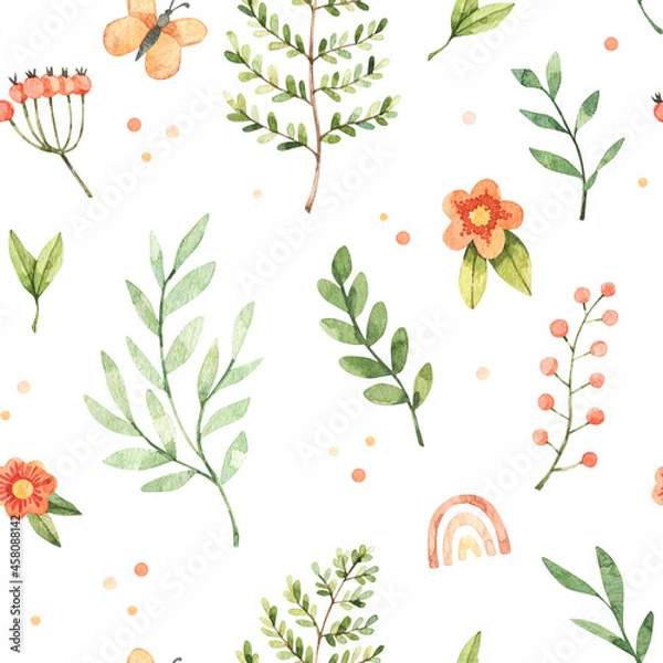 Fototapeta Watercolor floral seamless pattern with field flowers, leaves, butterfly, fern. Botanical background with polka dots and greenery. Perfect for fabric, packages, wrapping paper, textile, cards