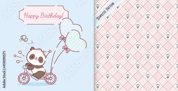Obraz Cute cyclist panda and floral seamless pattern