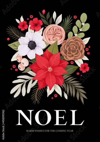 Fototapeta Watercolor Christmas card with poinsettia, green branches, cotton, red berries, eucalyptus, anemone. Winter bouquet and lettering - Noel. Perfect for invitations, cards, posters, prints