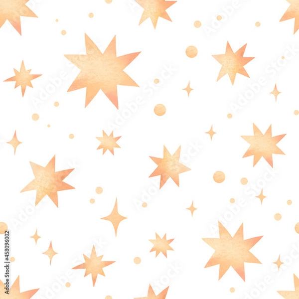 Fototapeta Watercolor seamless pattern - golden stars and polka dots. Starry sky background. Christmas or birthday background. Perfect for greeting cards, fabric, textile, wrapping paper