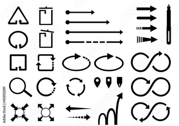 Obraz イラスト素材：リサイクルやビジネス等で使える矢印やアイコンのセット（黒）