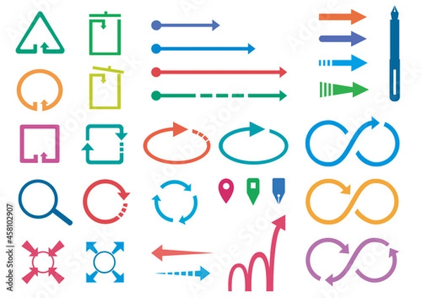 Fototapeta イラスト素材：リサイクルやビジネス等で使える矢印やアイコンのセット（パステルカラー）