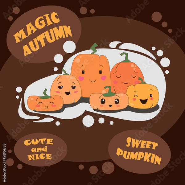 Fototapeta Vector funny pumpkin design decoration for Halloween and Thanksgiving nice poster cute greeting card happy emotion lovely image