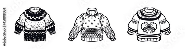 Fototapeta Vector ugly sweaters set for Christmas party in doodle. Warm knitted jumpers with winter ornament. Isolated white and black illustration. 