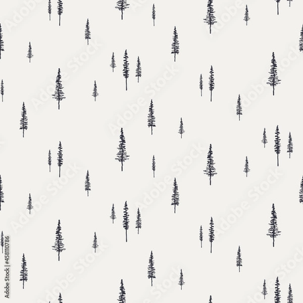 Obraz Spruce, fir trees silhouettes, minimal winter seamless pattern, black on gray background. Hand drawn vector illustration. Design concept for kids textile, fashion print, wallpaper, packaging.