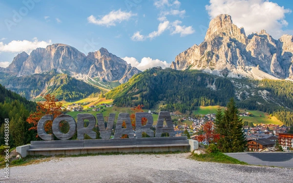 Obraz Corvara in Badia charming small Italian mountain village in the valley in the background Sassongher beautiful mountain, Province of Bolzano, Val Gardena, South Tyrol
