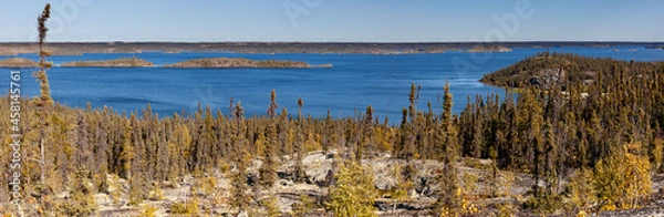 Fototapeta Panoramic photo of Prelude Lake near Yellowknife in Canada on a beautiful clear sunny day