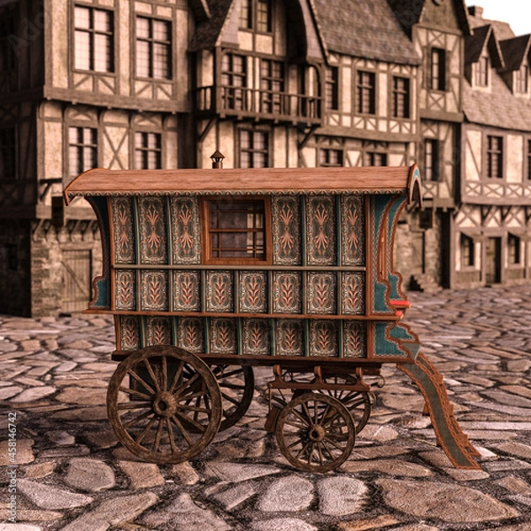 Obraz 3d-illustration of an traveler waggon in a beautiful landscape