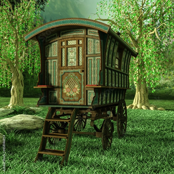 Obraz 3d-illustration of an traveler waggon in a beautiful landscape