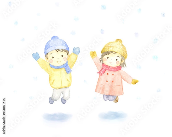 Fototapeta 雪の中でジャンプする子ども　水彩イラスト