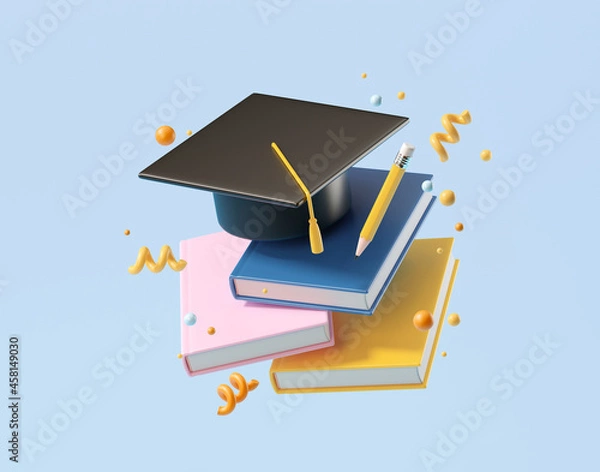 Fototapeta Minimal background for online education concept. Book with graduation hat on blue background. 3d rendering illustration. Clipping path of each element included.