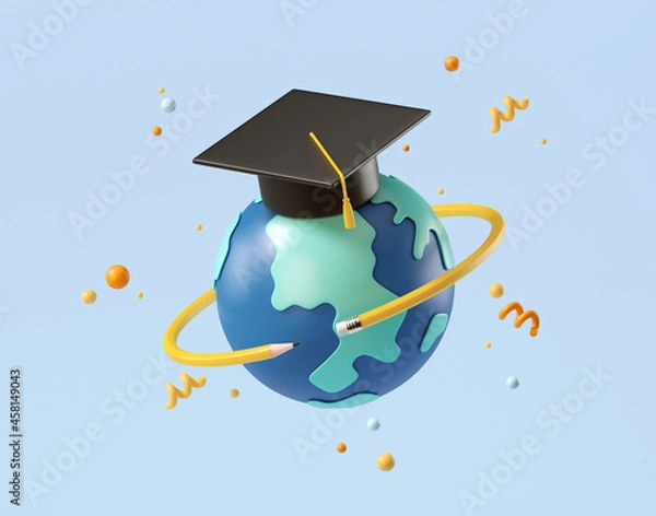 Fototapeta Minimal background for online education concept. Blue globe with graduation hat on blue background. 3d rendering illustration. Clipping path of each element included.