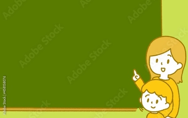 Obraz 黒板で解説するお母さんと息子　笑顔　手描き