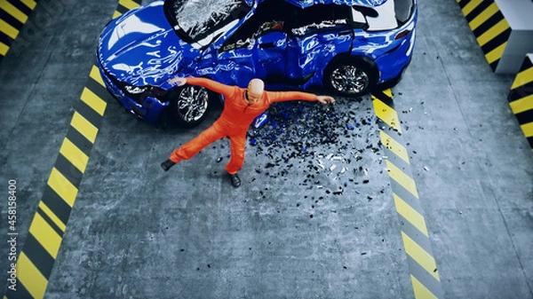 Fototapeta Crash test funny dummy, mannequin dancing. Car crash. 3d rendering.