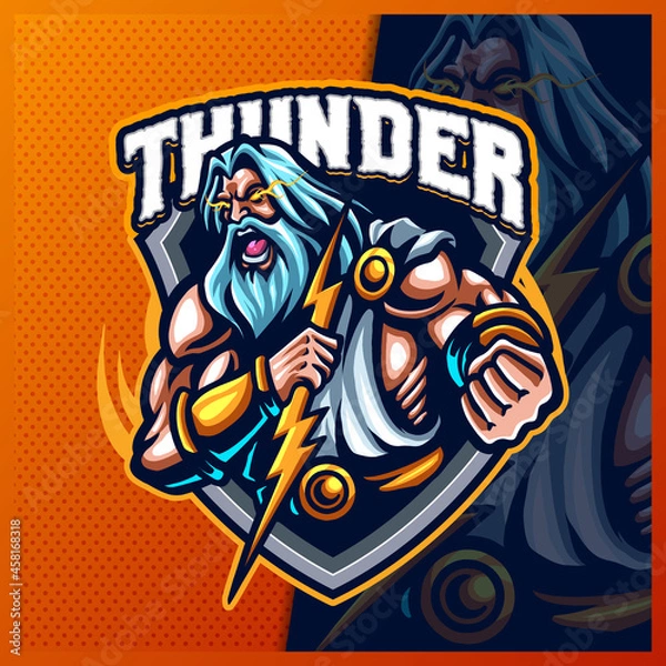 Fototapeta Zeus Thunder God mascot esport logo design illustrations vector template, Greece Ancient Gods logo for team game streamer merch, full color cartoon style