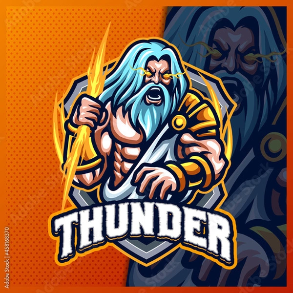 Fototapeta Zeus Thunder God mascot esport logo design illustrations vector template, Greece Ancient Gods logo for team game streamer merch, full color cartoon style