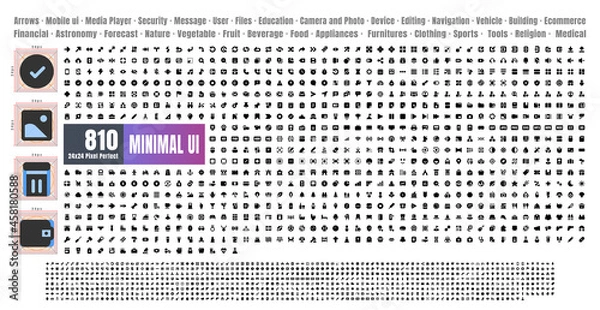 Obraz 24x24 Pixel Perfect. Basic User Interface Essential Set. 810 Solid Glyph Icons. For App, Web, Print. Round Cap and Round Corner.