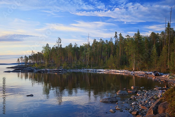 Fototapeta finland lake view, summer water reflection scandinavia
